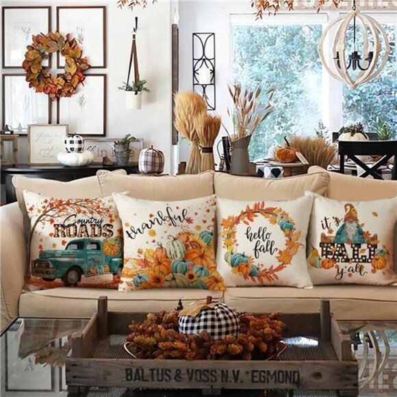 Set of 4 Fall Decor Pillow Covers 18x18 -Blue & Orange Pumpkins, Farmhouse Style - Picture 2 of 8